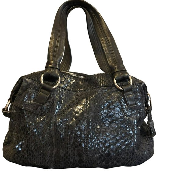 B. Makowsky Snake Embossed Leather Handbag w/Studs, Black - Picture 1 of 6